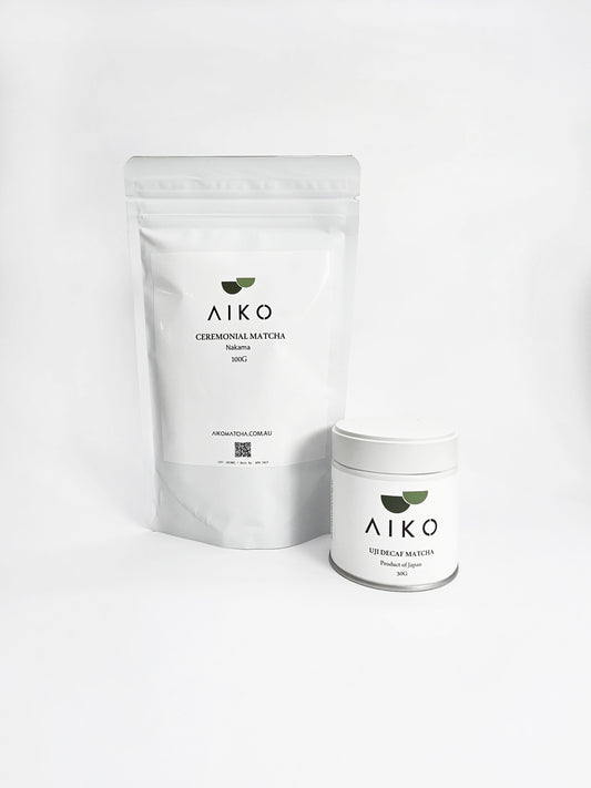 Uji Decaf Matcha Tin 30g + Nakama Ceremonial Matcha 100g Bundle