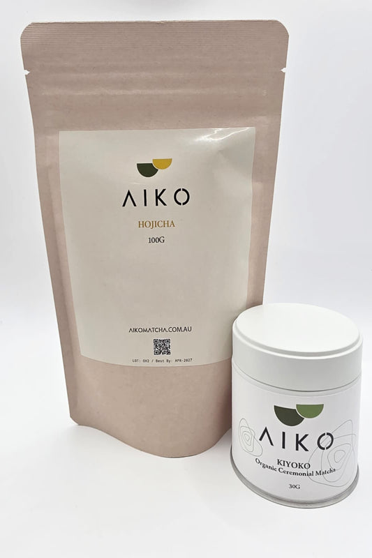 KIYOKO Organic Ceremonial Matcha Tin 30g + Aiko Hojicha 100g Bundle