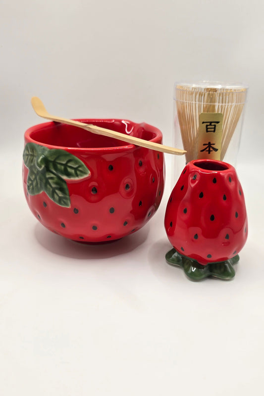 Strawberry Matcha Bowl + Whisk Holder + Bamboo Whisk + Bamboo Scoop (Limited Edition)